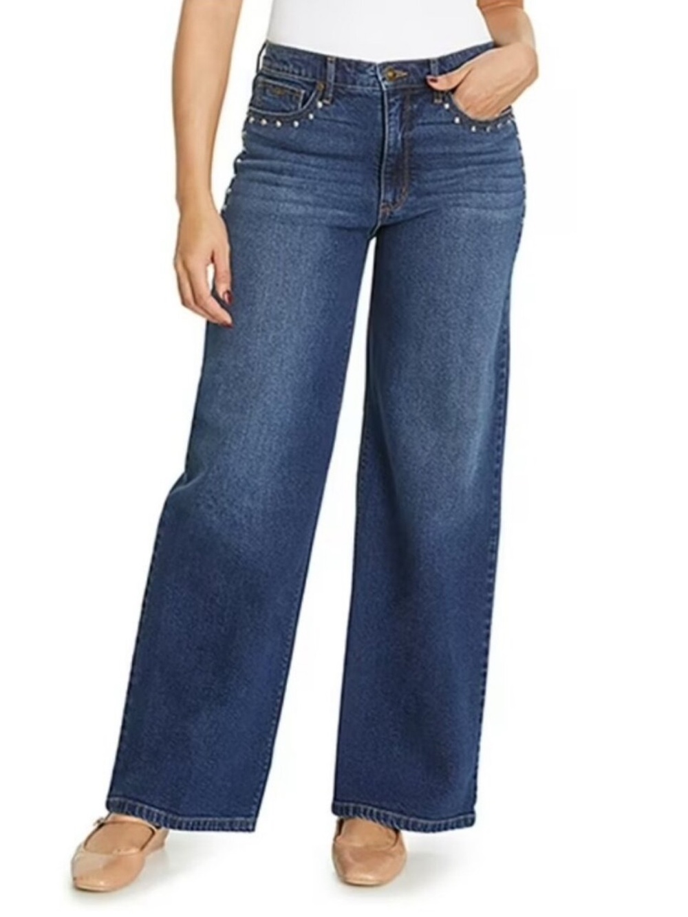 Nine West Jeans Women’s Size 14 Wide Leg Studded Pocket Blue Denim Jeans